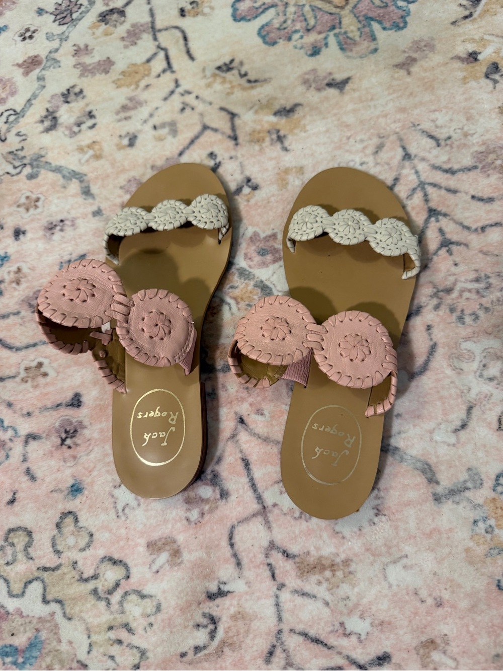 Jack Rogers Pink and White Leather Rosette Slide Sandals